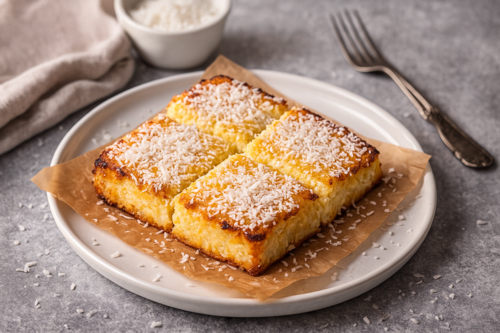 tarta de coco saludable sin azúcar refinado cortada en porciones sobre plato blanco