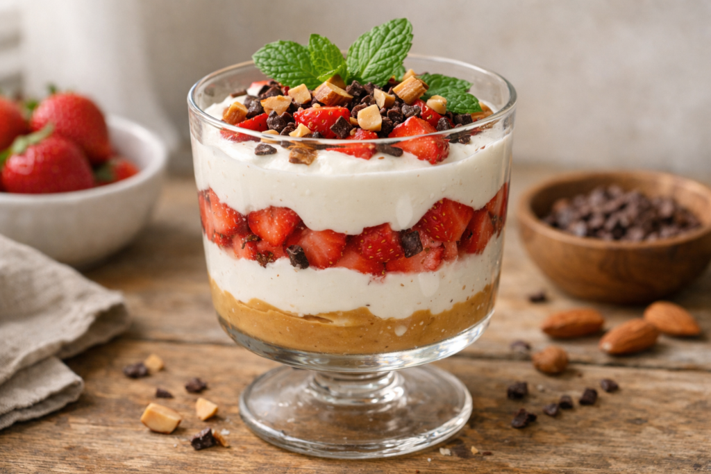 Copa de yogur con fresas y cacao sin azúcar